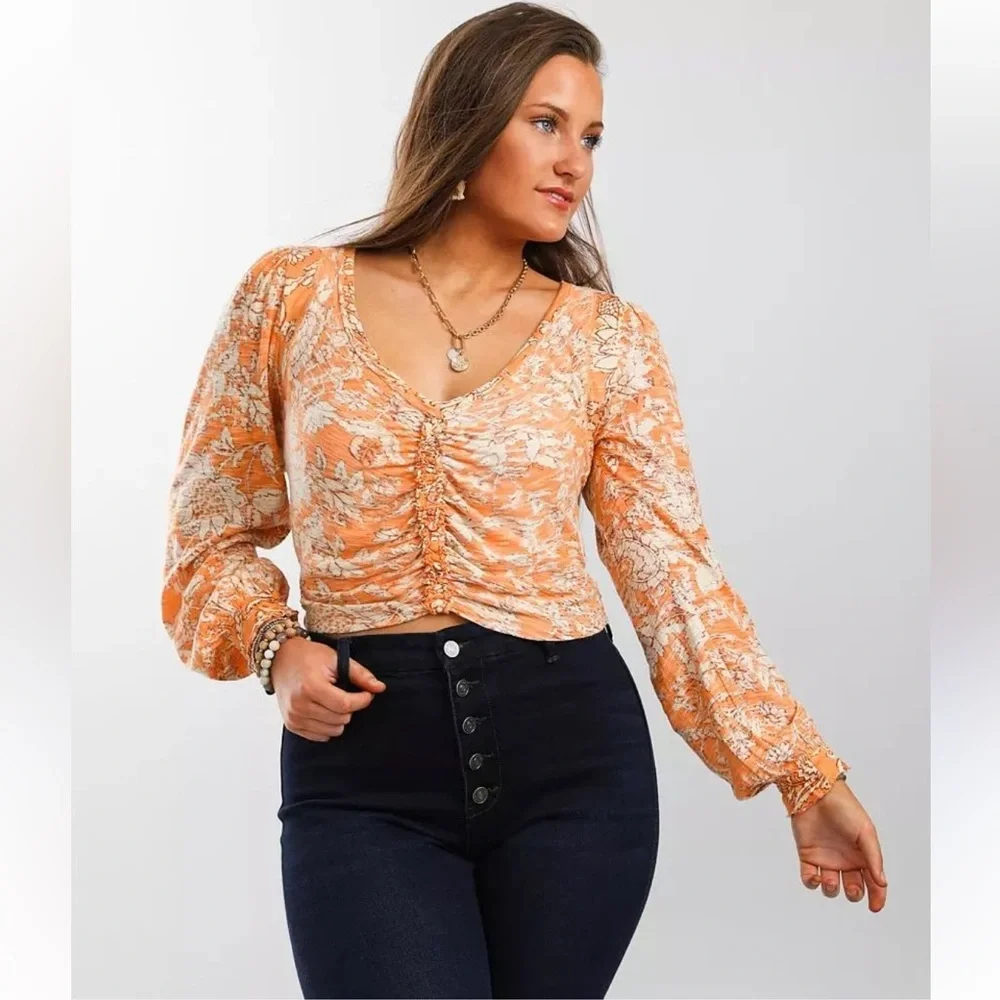 ￼Free People Say the Word Floral Cropped Top Long Sleeve